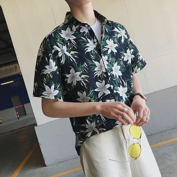 

summer short-sleeved shirts men's fashion printed casual men streetwear loose flower mens hawaiian -2xl, White;black