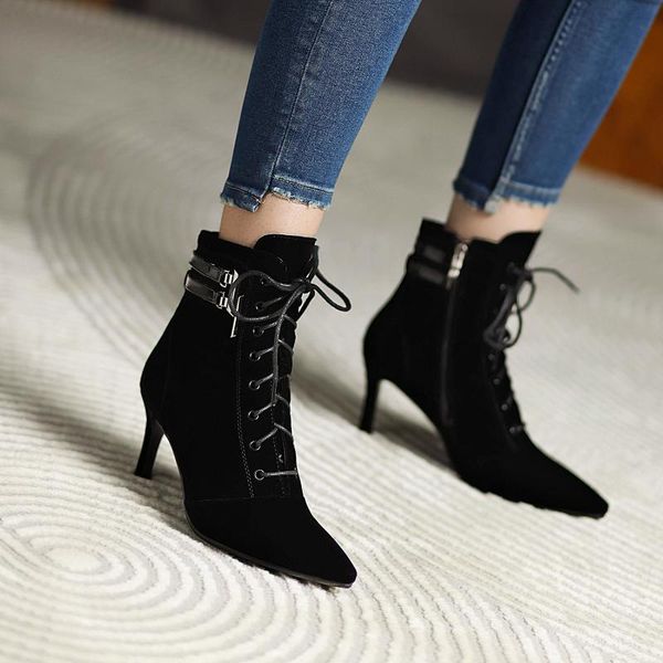 

boots aliona shoo 2021 fashion women high heels lace up ankle for elegant female stiletto booties large size 14 45, Black