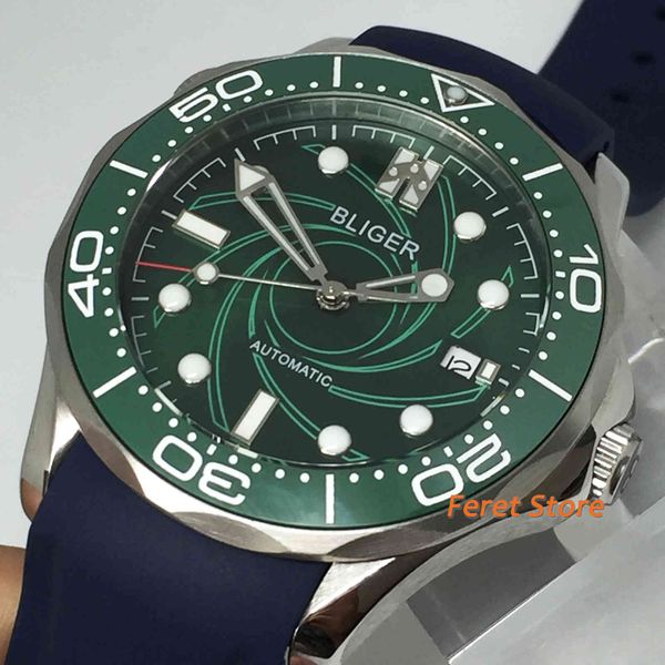 

bliger new green dial 41mm sapphire glass ceramics reflection date lightning-turning waterproof rubber band men luxury automatic clock, Slivery;brown