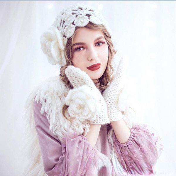 

beanie/skull caps hand-woven big flowers hollow out thin cap gloves lace pearl breathable turban knitting crochet hats women in baotou winte, Blue;gray