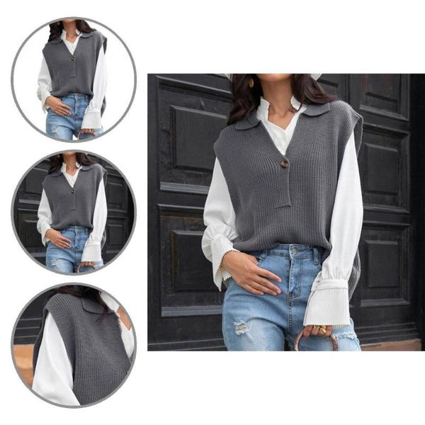 

women's vests women vest turndown collar stylish one button knitted, Black;white