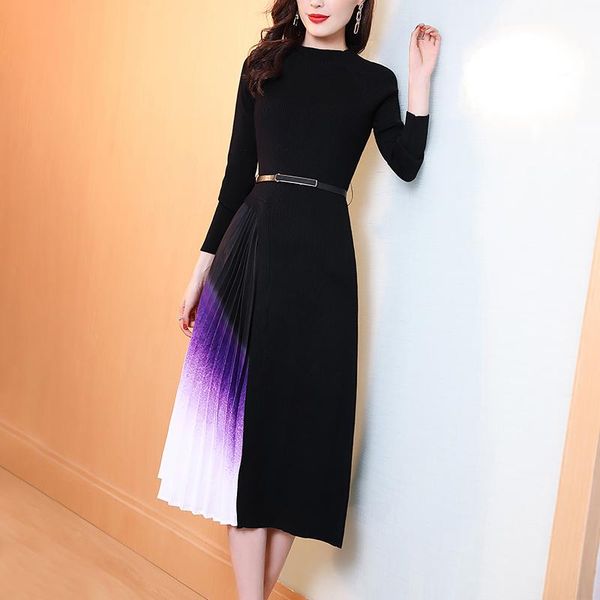 

casual dresses banulin fashion designer dress spring autumn women's sashes knitting long sleeve patchwork pleated vintage sweater, Black;gray