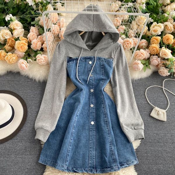 

european autumn retro contrast multi patchwork hooded long sleeve single breasted denim dresses women fashion streetwear 202 casual, Black;gray