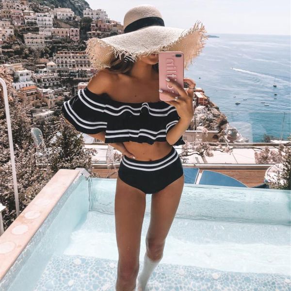 

off shoulder bikini women solid swimwear push up swimsuit ruffle biquini high waist bikinis flounce bathing suit pad stripe, White;black