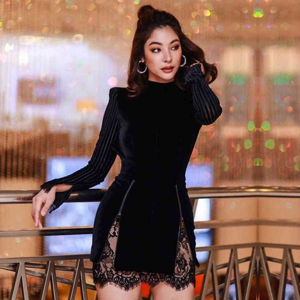 

winter women black lace backless mini club bandage dress long sleeve celebrity evening party bodycon dresses 210423, Black;gray