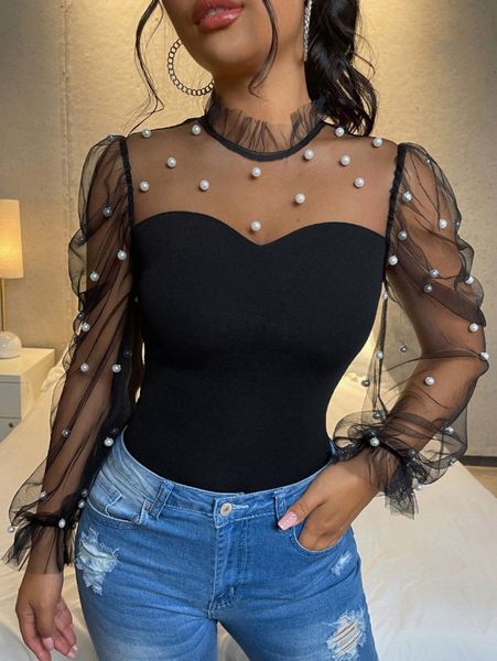 

petite pearls beaded mesh yoke mock neck l3ek#, White