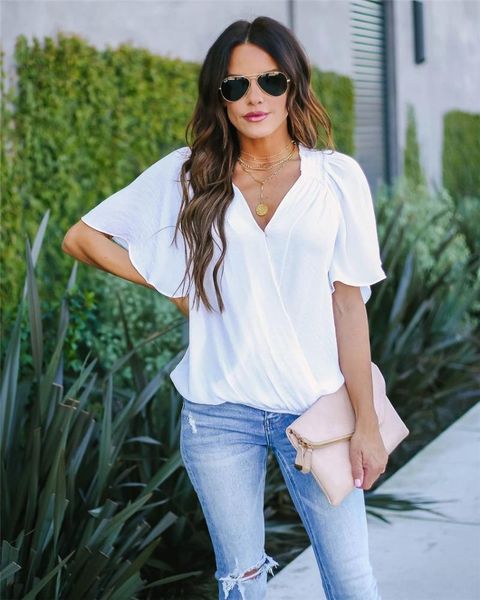 

v-neck women's short sleeve solid color casual loose summer 2021 blouse women blouses & shirts, White