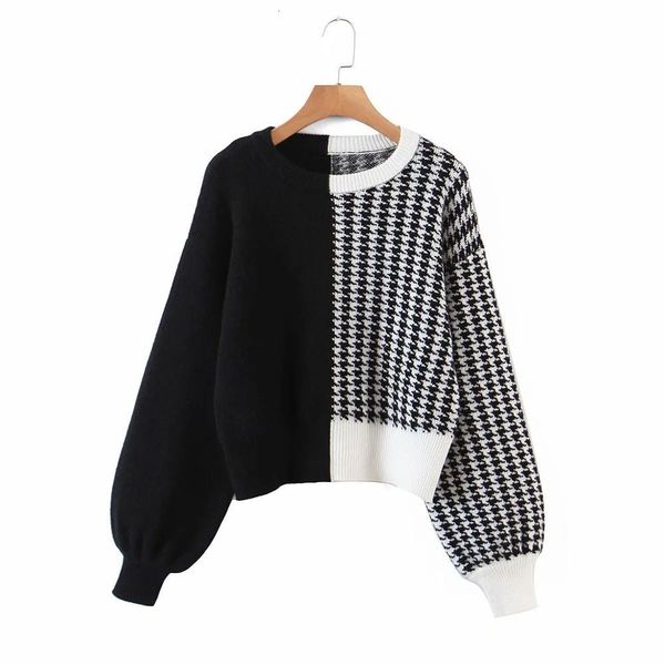 

sweaters winter contrasting knit sweater houndstooth pullover casual fashion high street warm thicken women sweaters, White;black