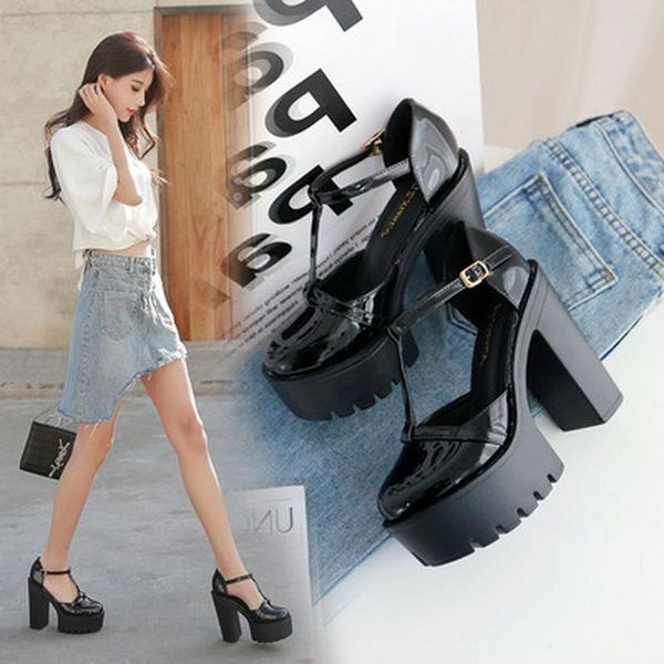 

dress shoes 2021 spring women's pumps square heel t-strap round toe patent leather platform woman high heels, Black
