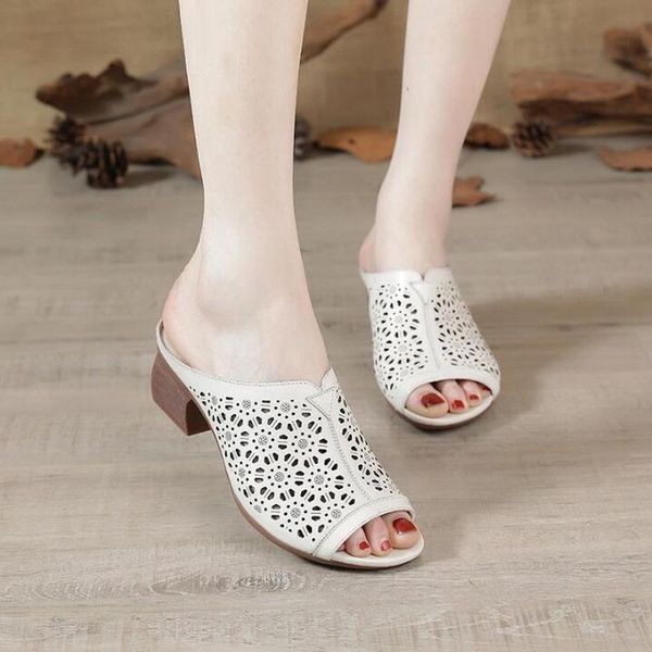 

slippers rushiman women slipper's 2021 ladies summer genuine leather shoes middle-heel sandals fashion, Black