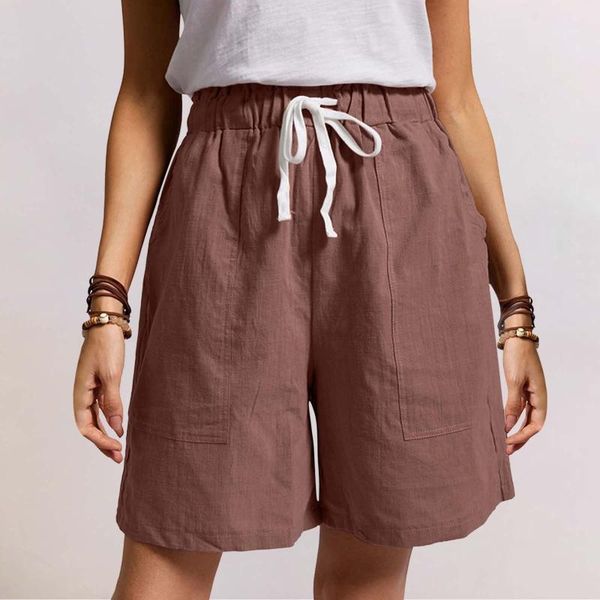 

women's shorts 2021 summer linen women plus size cotton short pants elastic waist knee length with pockets, White;black