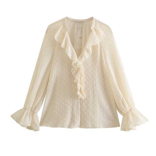 

fashion v neck chiffon blouse women flare sleeve cascading ruffles volie shirts elegant loose 210603, White