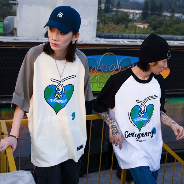 

vamtac2021 spring summer new style simple letter print contrast raglan sleeves men's and women's loose short sleeves t, White;black