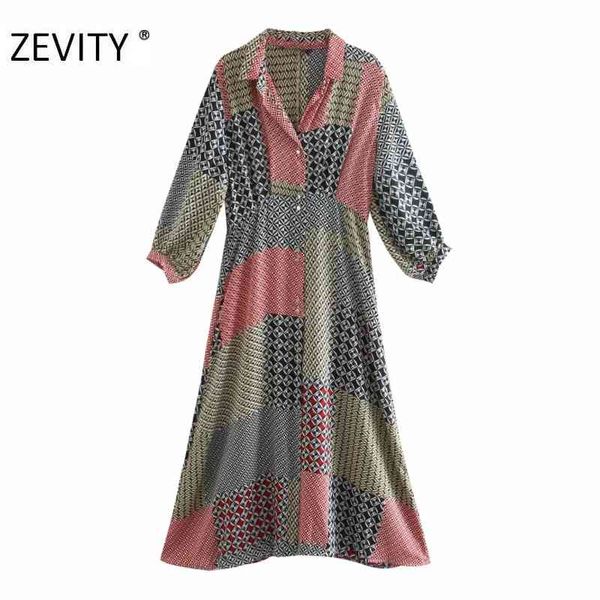 

zevity women vintage cloth patchwork geometric print shirt dress office ladies retro casual slim vestido chic dresses ds4427 210419, Black;gray