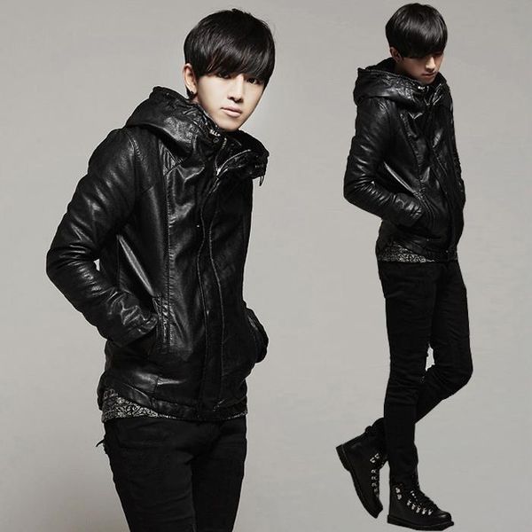 

men's fur & faux 2021 male with a hood motorcycle leather clothing plus velvet slim jacket short singer costumes, Black