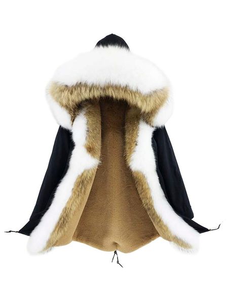 

women's fur & faux 2021 real coat long parka winter jacket women natural raccoon collar hood thick warm outerwear, Black