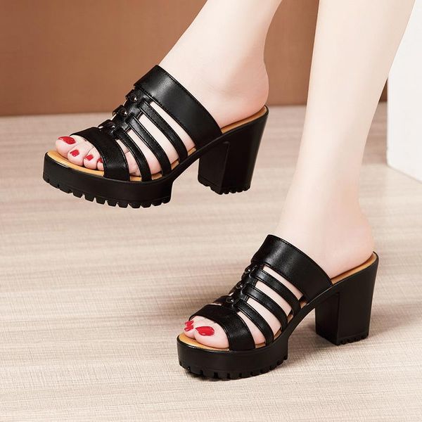 

big size 32-43 block heel platform slippers women wedding shoes summer 2021 cutout high heels ladies office, Black