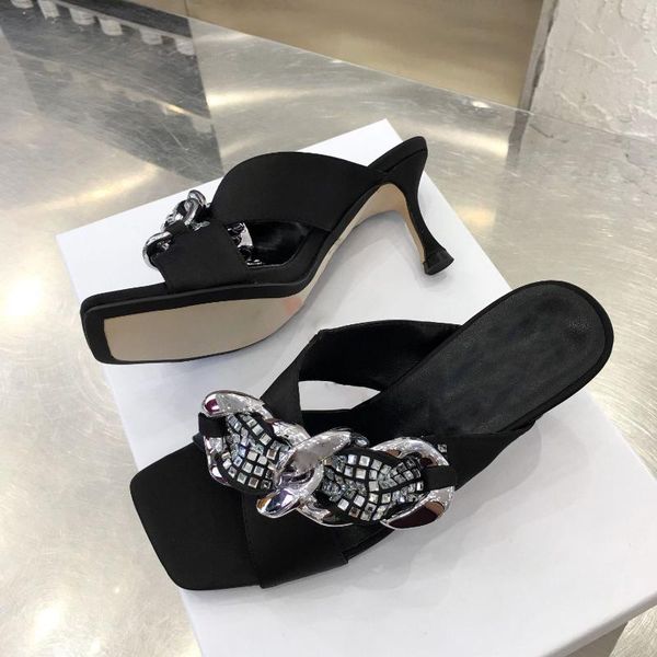 

slippers brand footwears leather sole women metal chain slides summer outdoors shoes ladies flip flops leisure females, Black