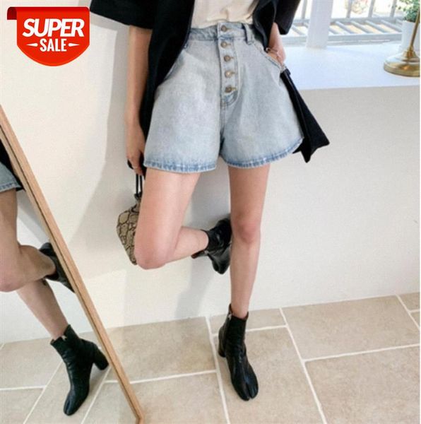 

women's one-breasted denim shorts a-line retro distressed blue #x37k, Black;gray