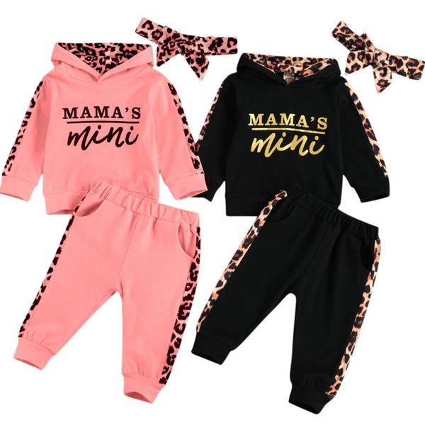

clothing sets infant baby girl long-sleeved trousers suit letter hooded t-shirt leopard stitching long pants headband 3pcs clothes spring fa, White
