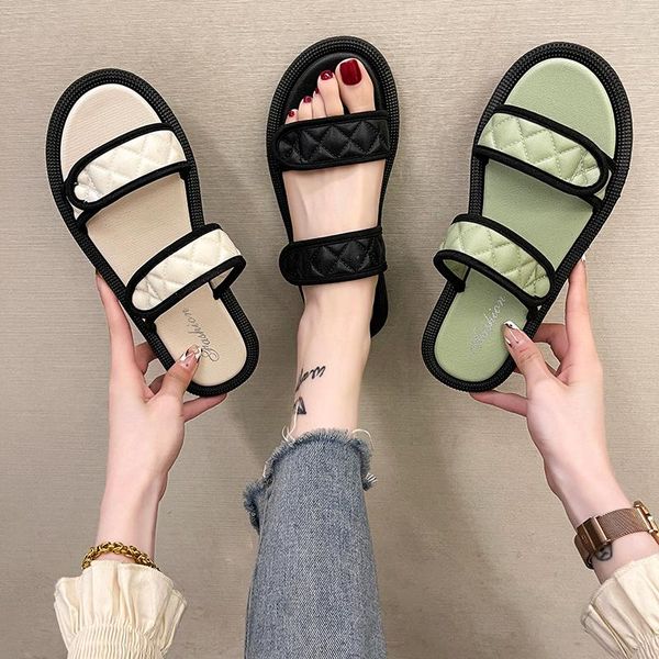 

slippers shoes women low flat slides soft rubber basic pu fabric pvc buckle strap hook & loop, Black