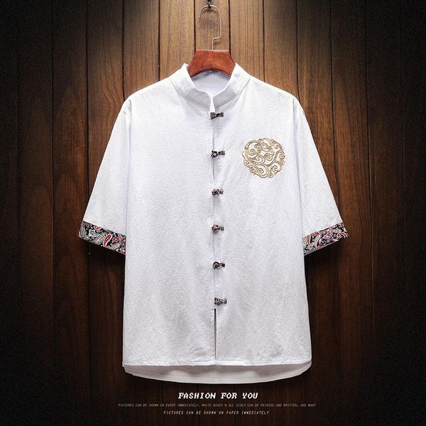 

men's casual shirts 2021 sinicism fashion summer cotton linen short sleeve shirts/male slim fit stand collar, White;black