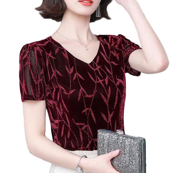 

women's blouses & shirts lace blouse women summer short sleeve v-neck shiny bright silk print korean camisas mujer, White