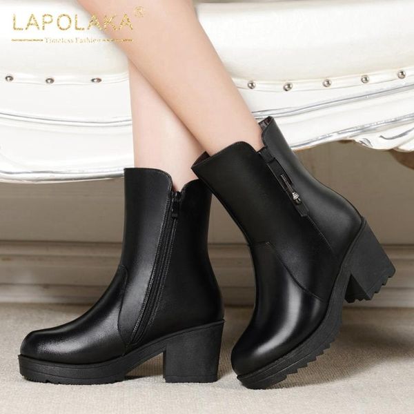 

boots lapolaka arrivals trendy dropship shoes woman female chunky high heels platform comfy add fur warm winter booties, Black