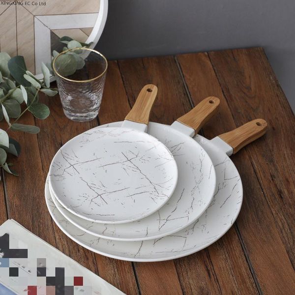 

white gold pattern ceramic plate dinner bamboo wood handle pizza afternoon tea snack tray kitchen tableware supplies dishes & plates