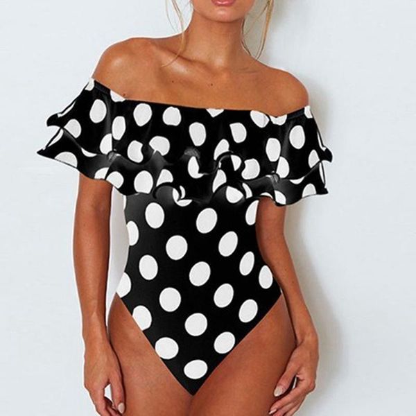 

women's swimwear s-4xl plus size one piece swimsuit retro polka dots ruffle women large sizes bathing suit layered 2021, White;black