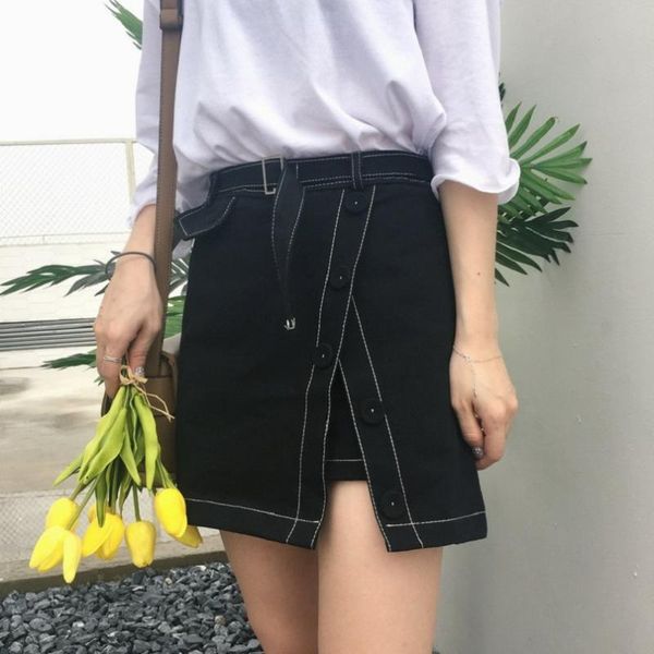 

skirts 2021 women's harajuku button irregular split fork waist belt thin pack hip a half skirt cute korean kawaii short female, Black