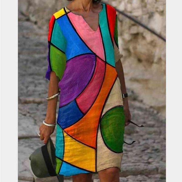 

women printing dress summer v-neck half sleeve a-line es female retro litera vintage loose vestidos 210623, Black;gray