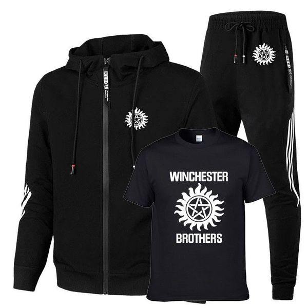 

men's hoodies & sweatshirts sports zipper suit winchester brothers boutique printed striped cotton sweater casual + t-shirt jogging pan, Black