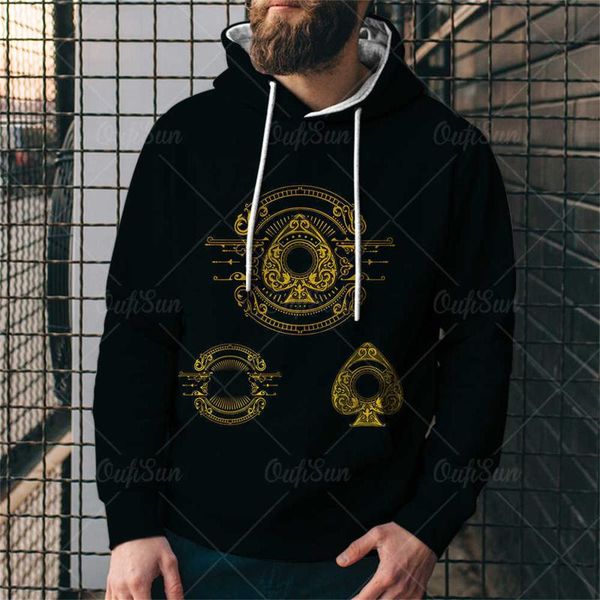 

men's hoodies & sweatshirts men classic poker print long sleeve pocket sport pullover round neck loose breathable hoodie drawstring cu, Black