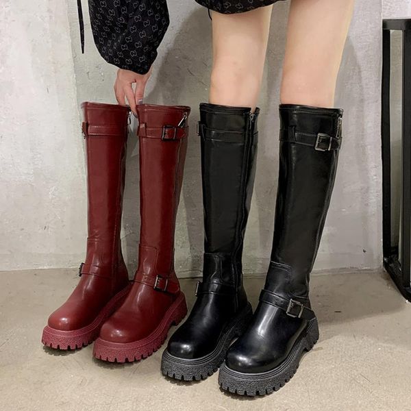 

boots black platform knee high women fashion zipper pu leather long female winter warm thick sole botas mujer 2021