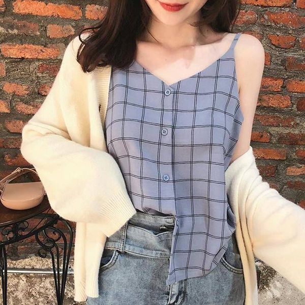 

women's tanks & camis women chiffon plaid camisoles single breasted v-neck casual vintage loose womens fashion tank top, White