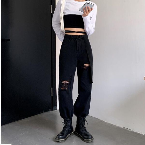 

women's jeans female jeans torn waist high-legged broad-legged clothes denim vintage streetwear quality fashion harajuku pants straight, Blue