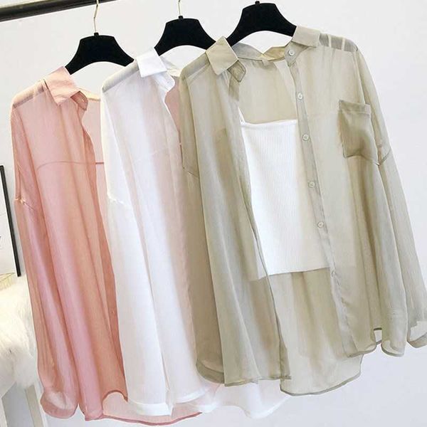 

w2025 loose chic long sleeve sunscreen shirt women's 2021 summer new british style air conditioning shirt top, White