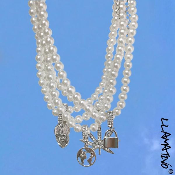 

chains vintage silver color pendant imitation pearl beaded necklace for women girls heart choker necklaces party jewelry gift