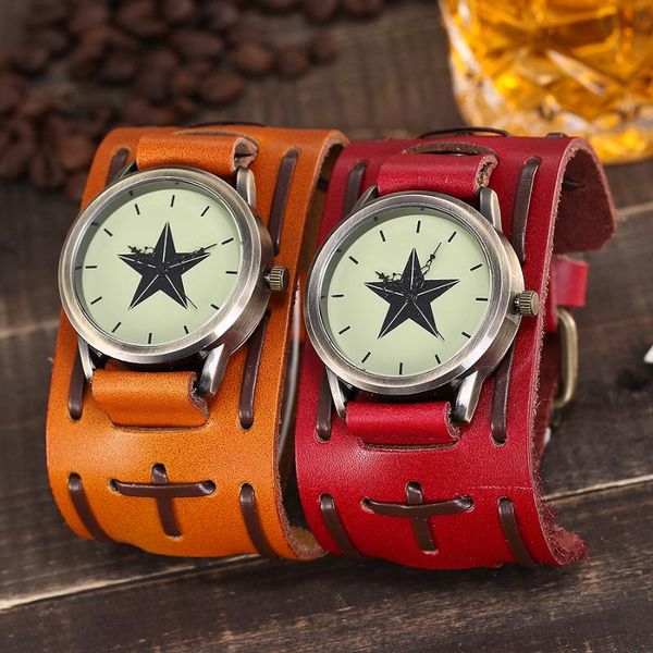 

wristwatches drop punk style men antique star dial wrist watches vintage genuine leather quartz watch relogio masculino, Slivery;brown