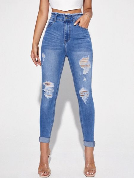 

high waist ripped skinny jeans 41pq#, Blue