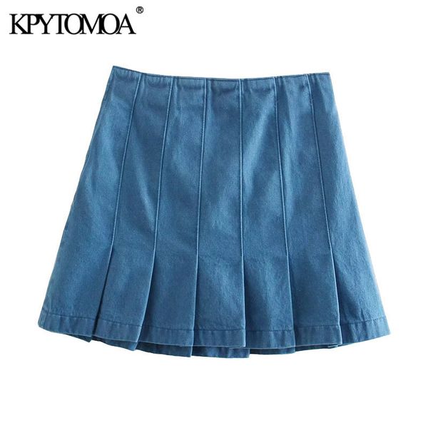 

women chic fashion pleated denim mini skirt vintage high waist side zipper female skirts mujer 210416, Black