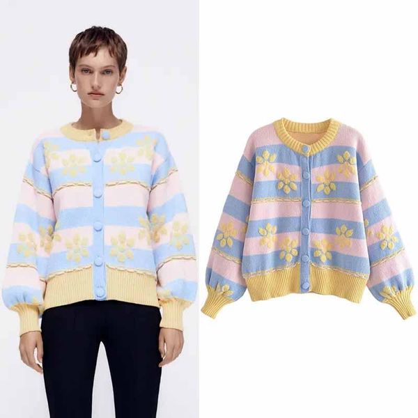 

women's knits & tees women patchwork candy colors jacquard flowers print leisure buttons cardigans knitted sweater o-neck long sleeve c, White