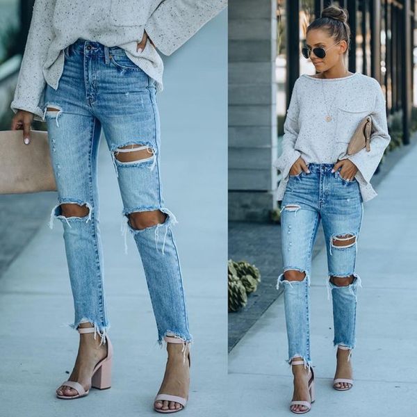 

jeans pierced women's 2021 street color contrast stitching hip hop straight, Blue