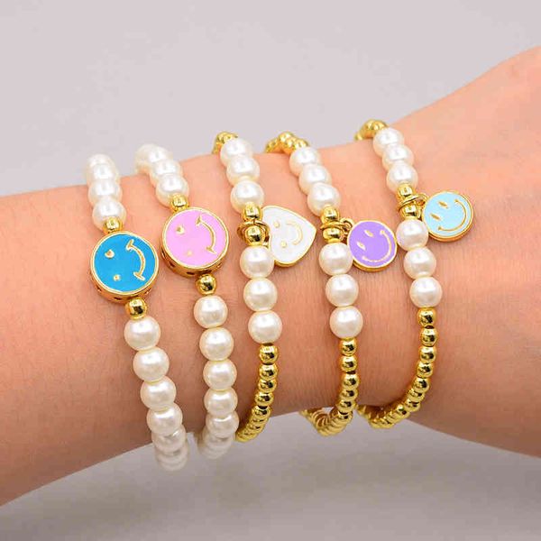 Damen-Armband-Sets mit Emaille-Charms, Edelstahlkugel, glücklich, stapelbar, Perlen, Smiley-Gesicht