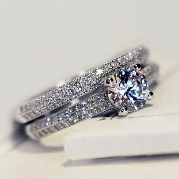 

wedding rings cute female white crystal stone ring set rose gold silver color charm bride round zircon engagement for women, Slivery;golden