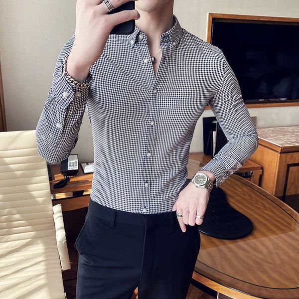 Ekose Iş Rahat Gömlek Erkekler Uzun Kollu Slim Fit Çalışma Sosyal Elbise İngiliz Tarzı Erkek Giyim Tops Camisa Masculina 210527