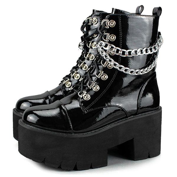 

boots shoes women ankle thick bottom square on heels platform goth female autumn winter chaussure femme pumps, Black