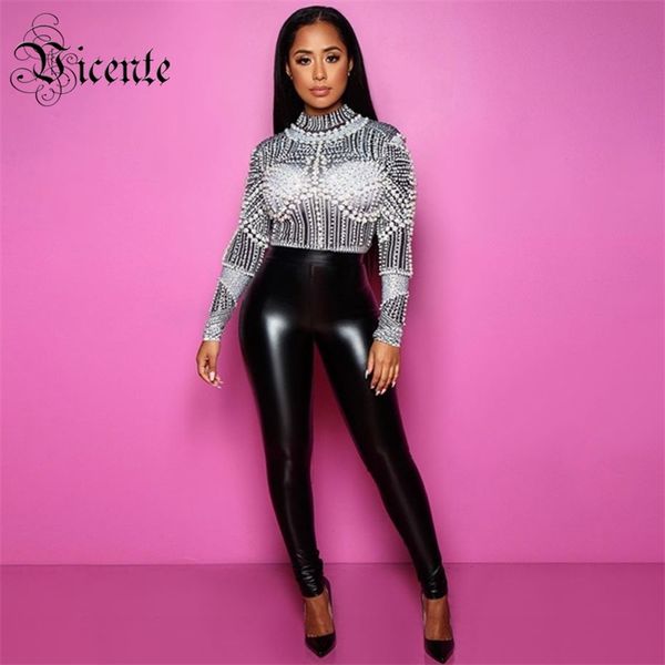

chic pearl design two pieces long sleeves celebrity party crop pu pants suit 210520, White