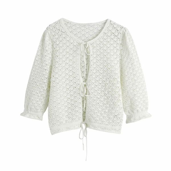 Camicetta di pizzo da donna dolce o collo con fiocco Camicia primavera-autunno da donna stile college Camicia femminile in maglia jacquard lavorata a maglia 210515